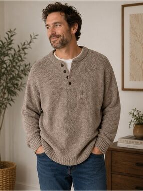 Tan Heathered Cotton Blend Henley Sweater Knit Long Sleeve Size Large Tall‎
